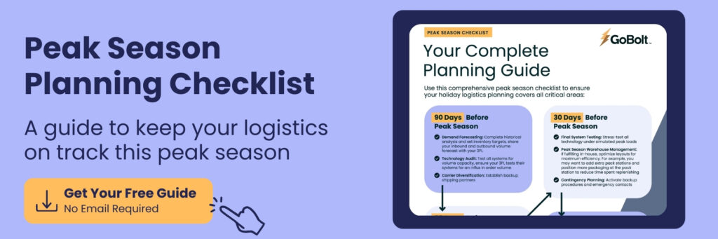 An image of GoBolt's peak season planning checklist with a Download Now cta button