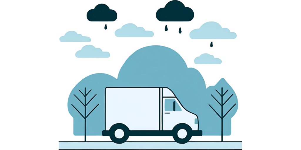 An image of a truck driving in the rain, representing how weather can be a cause of why delivery exceptions occur