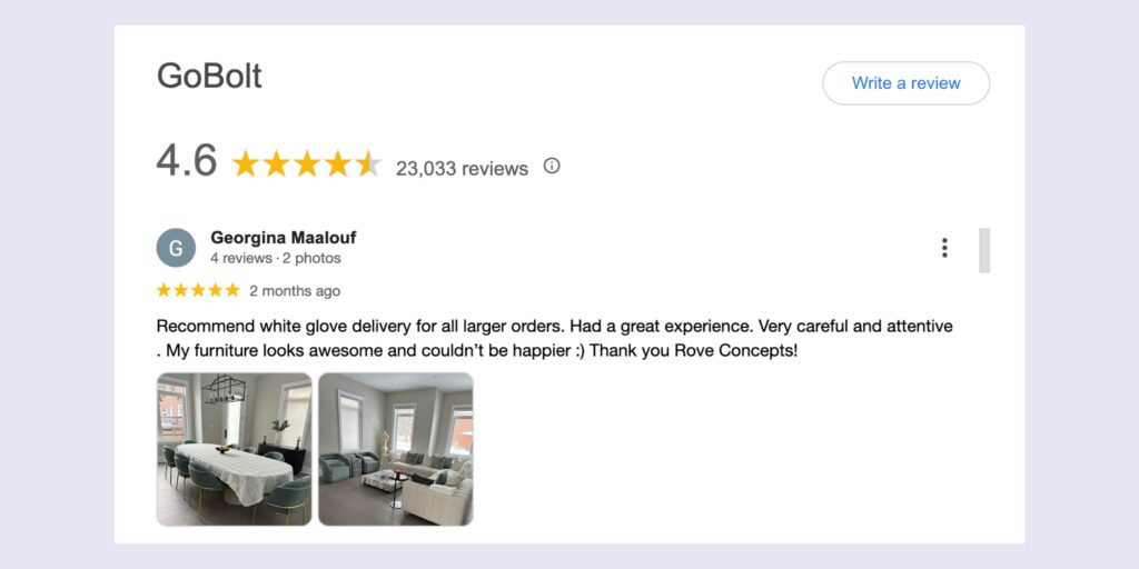 In this image, a Google review highlights the importance of a great delivery experience including timely delivery to maintain customer satisfaction.