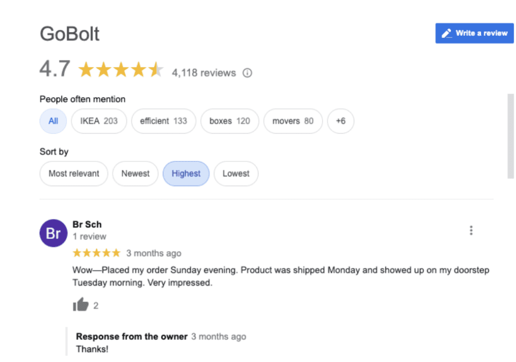 Screenshot of a Google review for a 3PL shipping company showing an average rating of 4.7 out of 5 stars, along with a 5-star review.