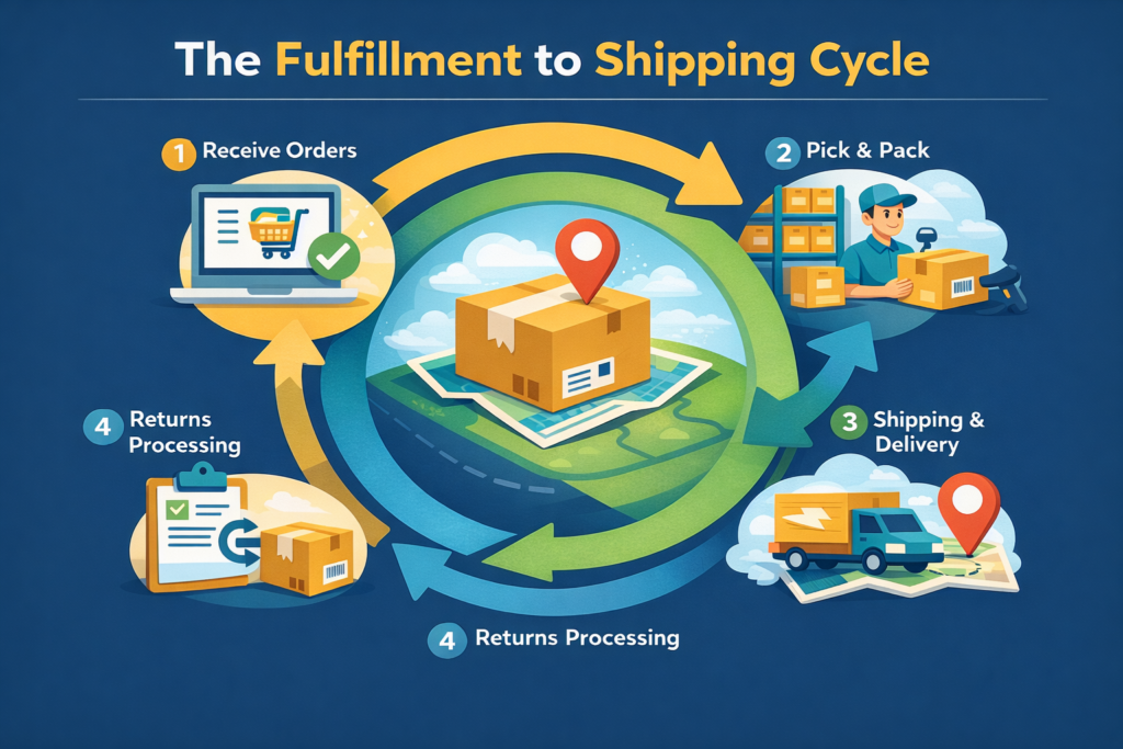 An infographic explaining the complete ecommerce order process, from fulfillment to shipping to returns