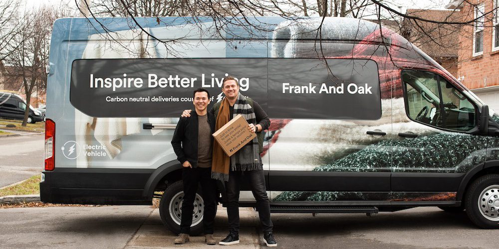 Mark Ang (CEO & Co-Founder, GoBolt) and Dustin Jones (CEO, Frank And Oak) in front of an electric delivery van.
