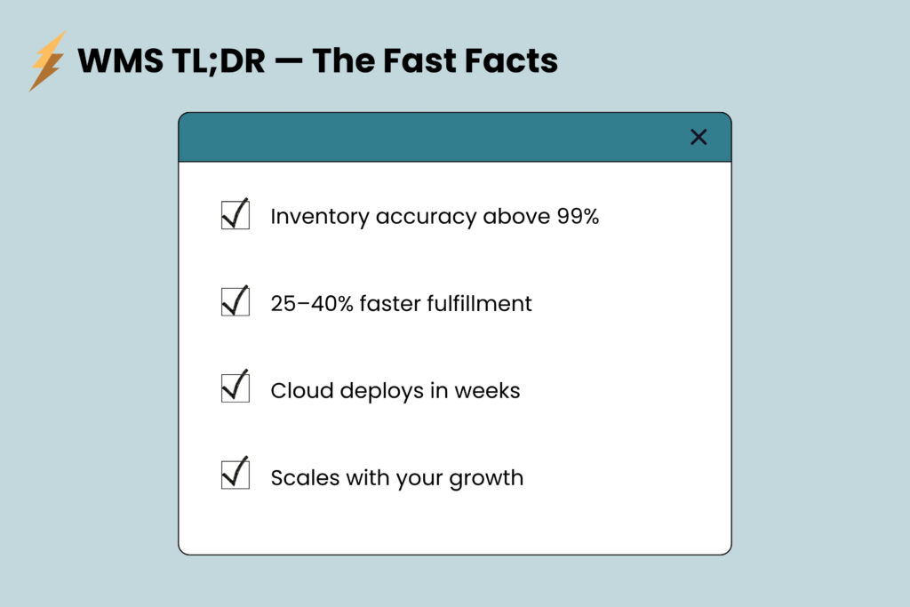 Checklist graphic summarizing key warehouse management system benefits including accuracy, speed, and scalability.
