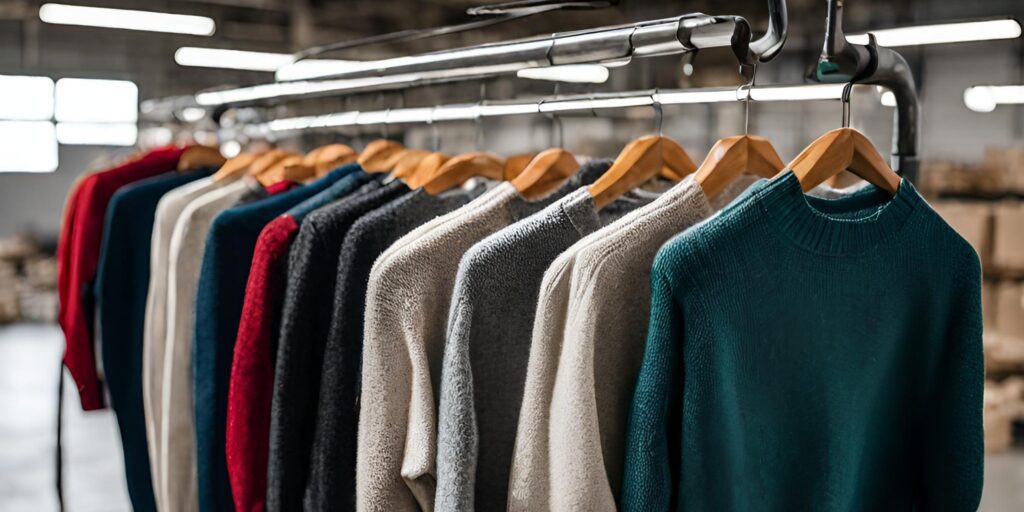 Expensive sweaters hanging in a warehouse about to be put back in stock as part of a retailers ecommerce returns management process