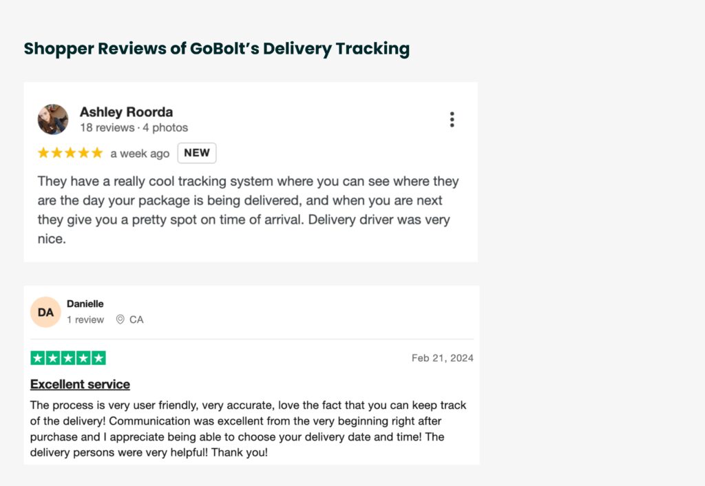 An image containing two shoppers' five-star reviews of GoBolt's last mile delivery service.