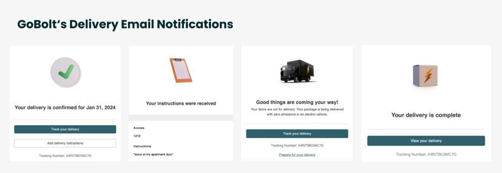An image containing screenshots of GoBolt's real-time delivery tracking email notifications