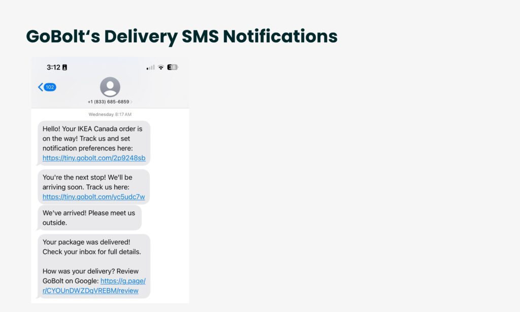 An image containing a sample of GoBolt's last mile delivery SMS notifications as a series of text messages that a shopper receives with links to track their delivery.