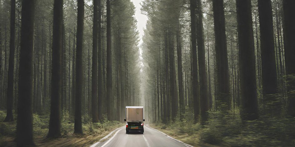 A delivery truck traveling down a straight road through a lush forest of tall trees, illustrating sustainable logistics amidst natural surroundings.