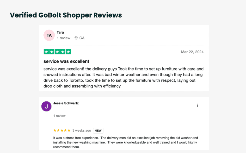 An image containing two verified shopper reviews of GoBolt's 5-star services of shipping large items, one is a Google review and the other from Trust Pilot.