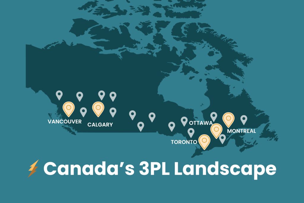 Map of Canada showing major 3PL fulfillment center locations in Montreal, Ottawa, Toronto, Calgary, and Vancouver