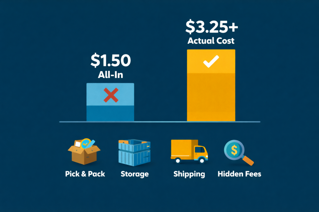 Bar chart comparing advertised 3PL pricing versus actual fulfillment costs in Canada including hidden fees