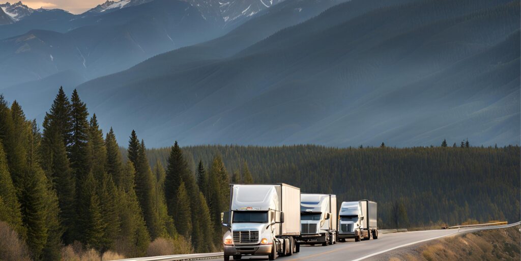 Trucks crossing the Canada-US border, illustrating cross-border shipping amidst potential Section 321 changes.