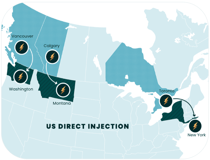 Une carte du Canada et des États-Unis montrant les villes de GoBolt utilisées pour l'injection directe pour la section 321