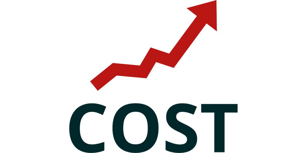 An image of a red arrow going in the up direction with the word cost below it - symbolizing rising costs