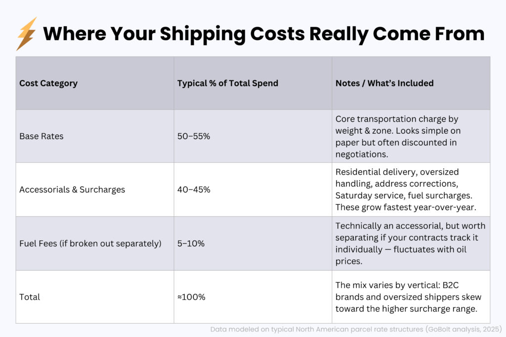 Chart comparing carrier base rate versus surcharge and accessorial costs, showing that surcharges represent over 40% of total shipping spend.