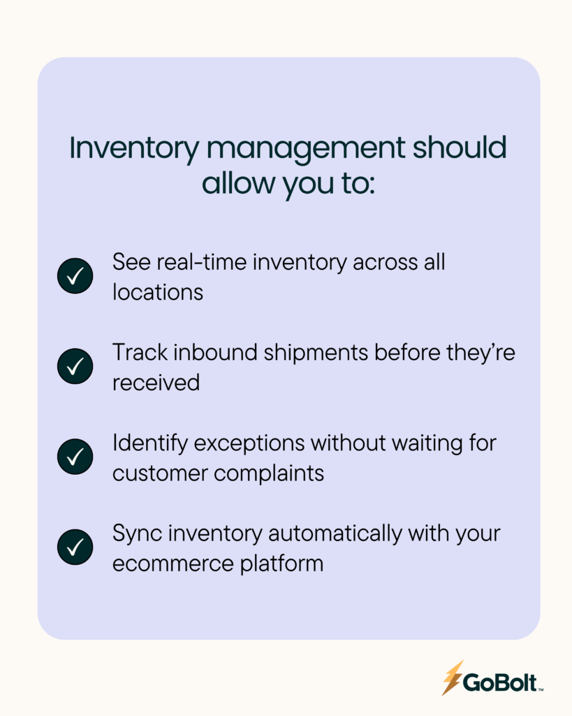 Checklist showing what modern inventory management systems allow ecommerce and DTC brands to do, including real-time inventory visibility, inbound shipment tracking, proactive exception management, and automated inventory syncing