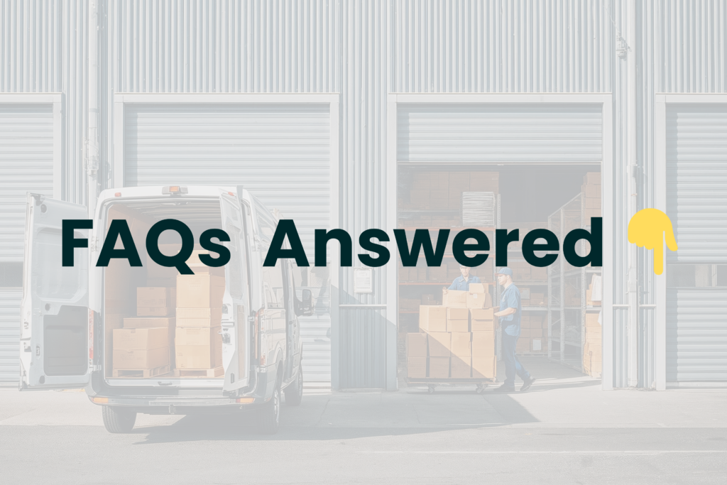 Ecommerce shipping methods FAQs with a blurred image of a warehouse loading dock and parcel van in the background